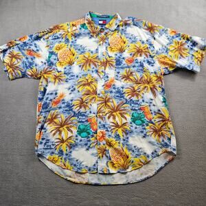 Tommy Hilfiger Hawaiian Shirt Mens XL Floral Pineapple Button Up Conga Drum